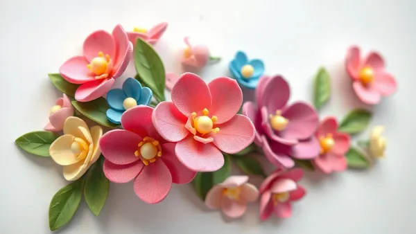 Flores e pétalas recortadas em EVA colorido sobre bancada de artesanato ao lado de um laço de bebê