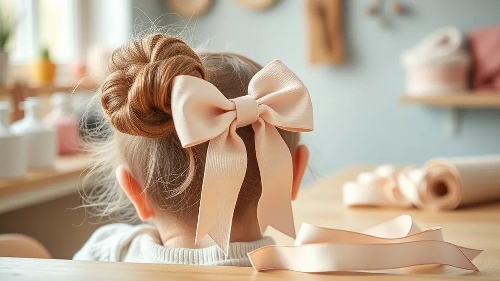 Rolos de fita de gorgurão em diferentes tipos — liso, duplo-face e nervurado — sobre mesa de ateliê com laços de bebê ao fundo