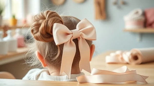 Rolos de fita de gorgurão em diferentes tipos — liso, duplo-face e nervurado — sobre mesa de ateliê com laços de bebê ao fundo