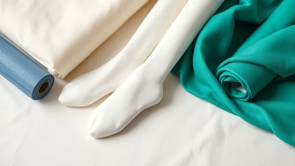 Rolos de meia de seda em várias cores e espessuras sobre bancada de ateliê ao lado de tiaras de bebê