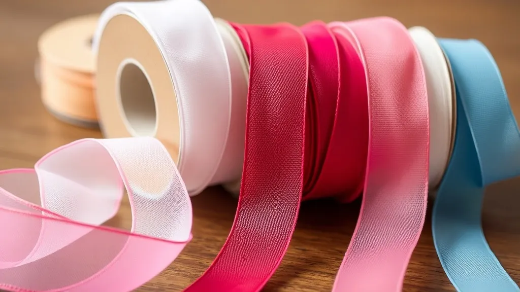 Rolos de fita de organza transparente e colorida sobre bancada de ateliê de laços para bebê