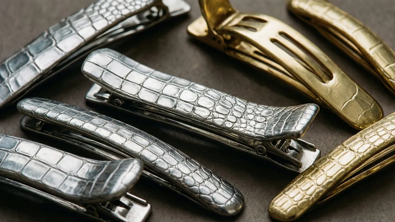 Presilhas jacaré metálicas em tons prateado e dourado sobre bancada de ateliê de laços para bebê