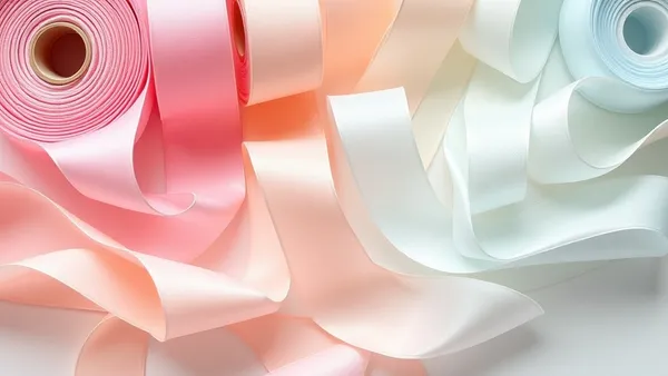 Rolos de fita de gorgurão, cetim e organza em tons pastel sobre a mesa de trabalho