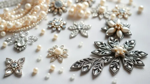Strass, meia-pérolas e apliques bordados espalhados sobre mesa de ateliê ao lado de laços de bebê