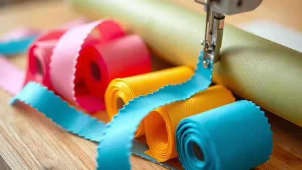 Rolos de viés colorido em tricoline e cetim sobre mesa de costura ao lado de uma faixa de bebê
