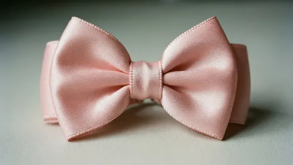 Laço de bebê em fita de cetim rosa clara fina, amarrado em nó solto estilo balé, sobre bancada de ateliê