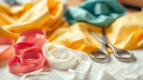 Mesa de ateliê com fitas coloridas, tesoura e laços de bebê em produção