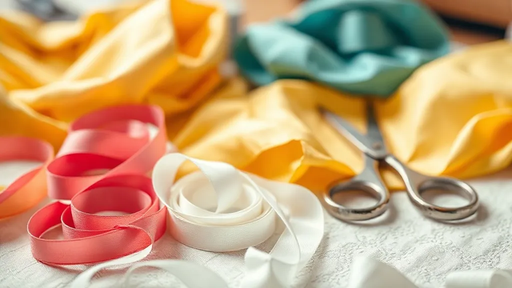 Mesa de ateliê com fitas coloridas, tesoura e laços de bebê em produção