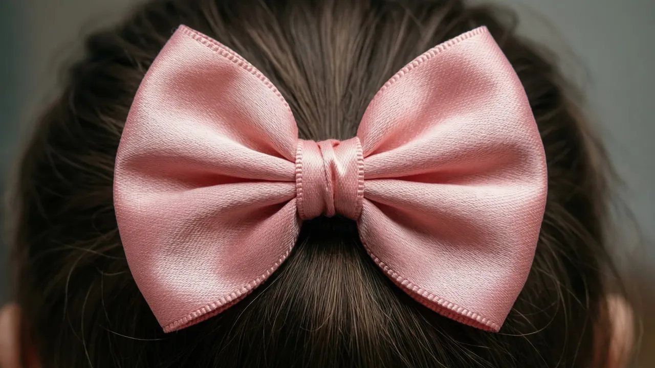 Laço de cetim rosa estilo coquette com alças fartas e fita longa, sobre bancada de ateliê