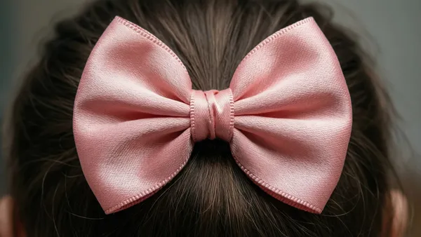 Laço de cetim rosa estilo coquette com alças fartas e fita longa, sobre bancada de ateliê