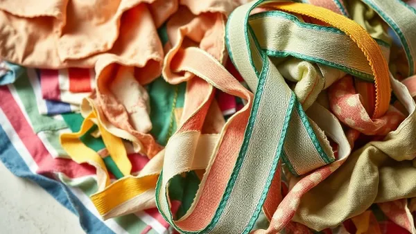 Retalhos coloridos de fita e tecido organizados sobre a bancada de costura para reaproveitamento em laço de bebê