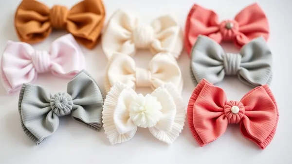 Três modelos de laço de bebê artesanal — franzido, pompom e floral — sobre superfície de madeira clara