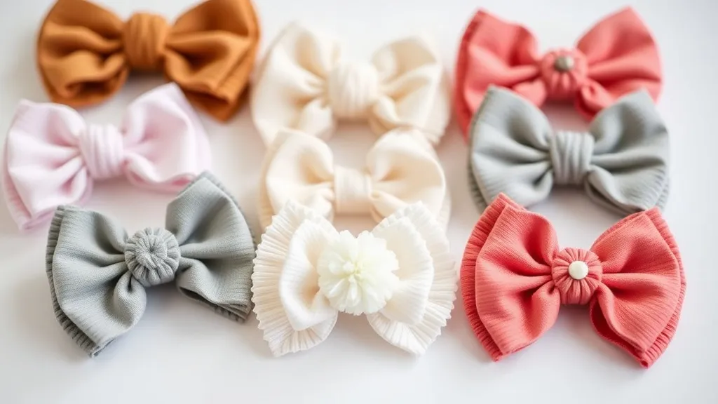 Três modelos de laço de bebê artesanal — franzido, pompom e floral — sobre superfície de madeira clara