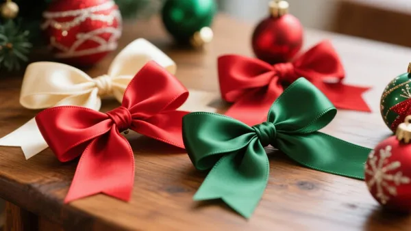 Laços de fita de cetim em vermelho, verde e creme sobre uma mesa de madeira com enfeites de Natal