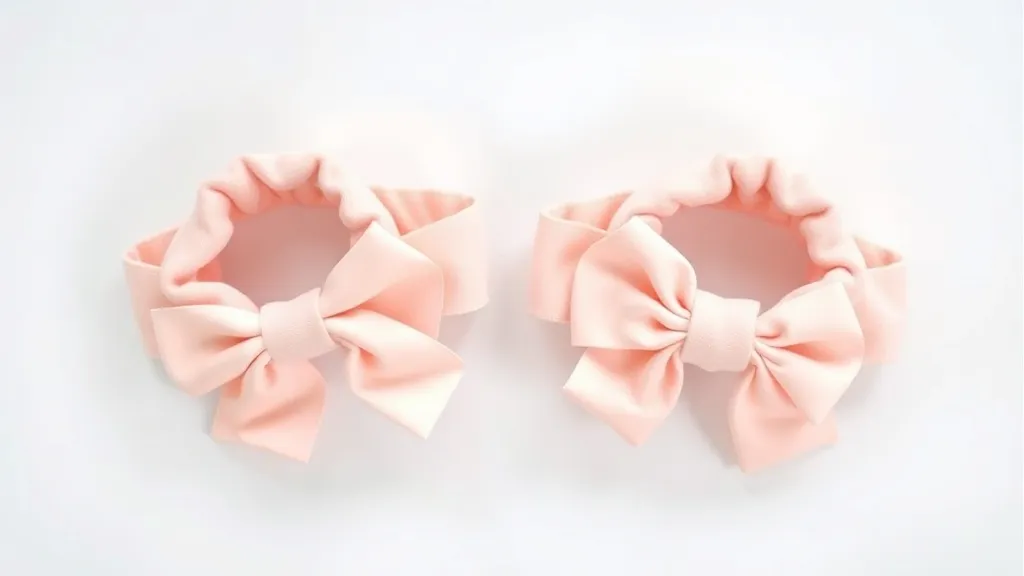 Duas faixas de bebê com laços em tons combinando lado a lado, uma diferente da outra, em still de produto