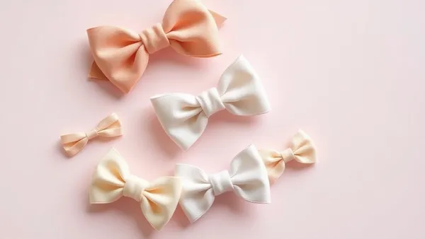 Laços de bebê artesanais em diferentes tamanhos e formatos de alça dispostos em flat lay sobre fundo pastel