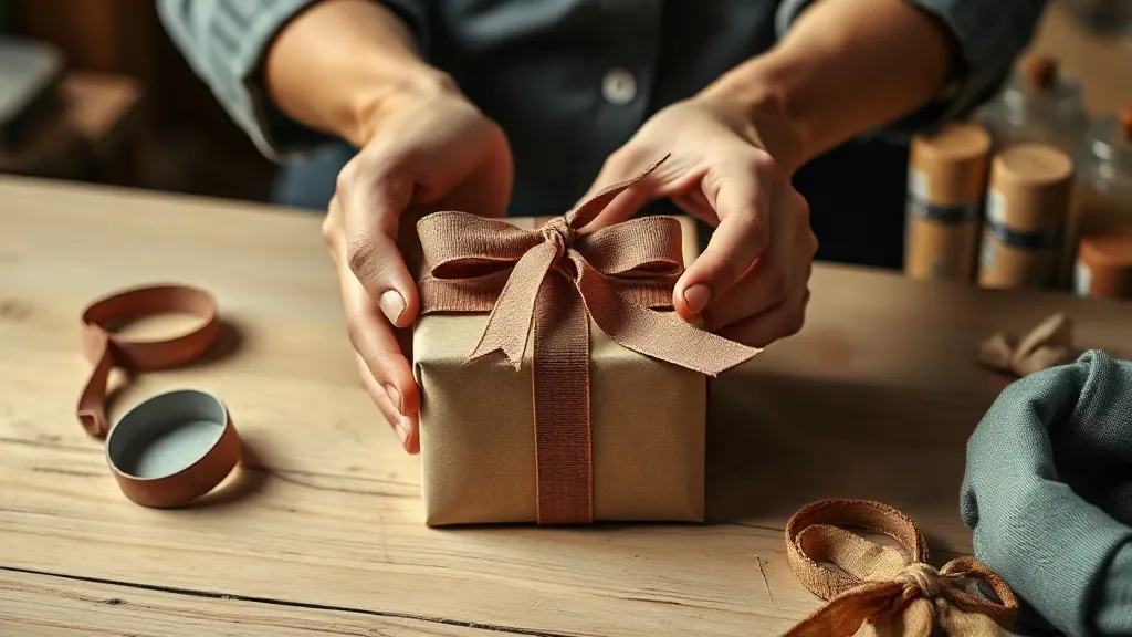 Mãos de artesã embrulhando um pedido de laço de bebê pronto para entrega sobre a bancada do ateliê