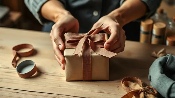 Mãos de artesã embrulhando um pedido de laço de bebê pronto para entrega sobre a bancada do ateliê