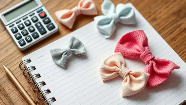 Laços de bebê feitos à mão ao lado de calculadora e caderno de precificação do ateliê
