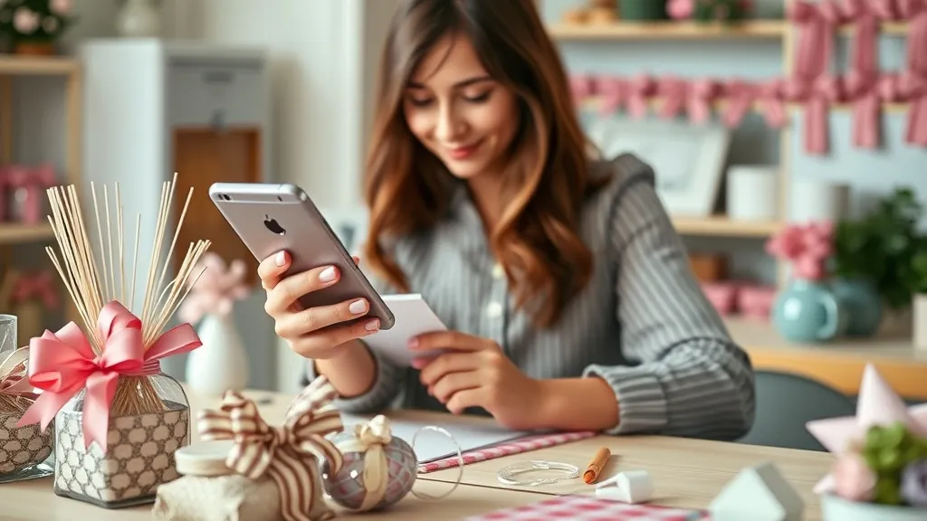 Dona de ateliê digitando no celular ao lado de laços de bebê e materiais organizados na bancada