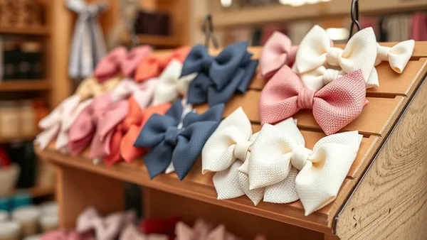 Banca de feira com laços de bebê feitos à mão expostos em display sobre mesa de ateliê