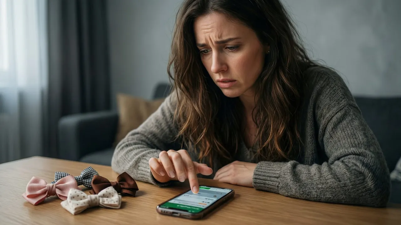 Mulher conferindo comprovante de pagamento no celular ao lado de laços de bebê prontos para envio