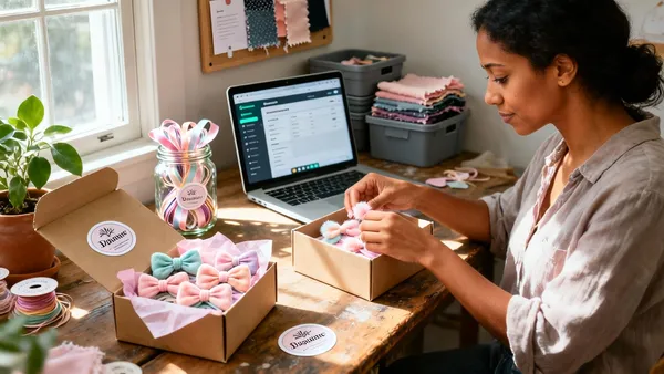 Artesã embalando laços de bebê para envio