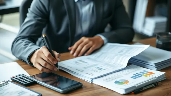 Mesa de ateliê com laços de bebê prontos ao lado de calculadora, caderno de anotações e recibos organizados