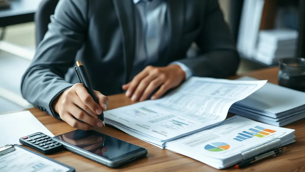 Mesa de ateliê com laços de bebê prontos ao lado de calculadora, caderno de anotações e recibos organizados