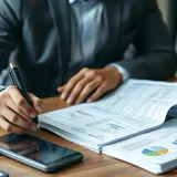 Mesa de ateliê com laços de bebê prontos ao lado de calculadora, caderno de anotações e recibos organizados