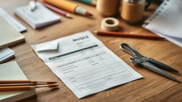 Bloco de notas, calculadora e caneta sobre bancada de ateliê ao lado de laços de bebê prontos