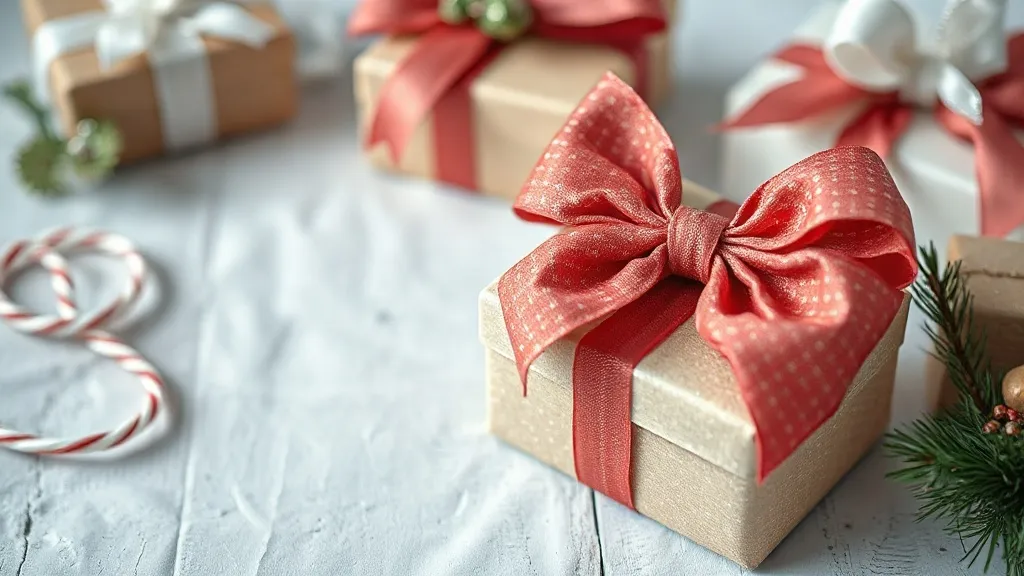 Laços de bebê artesanais e fitas em tons de vermelho e dourado organizados sobre a bancada para a produção de fim de ano