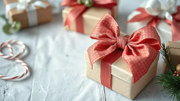 Laços de bebê artesanais e fitas em tons de vermelho e dourado organizados sobre a bancada para a produção de fim de ano
