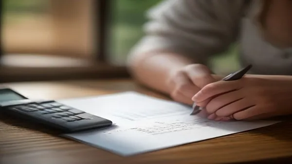 Mulher em bancada de ateliê conferindo maquininha de cartão ao lado de laços de bebê prontos e calculadora