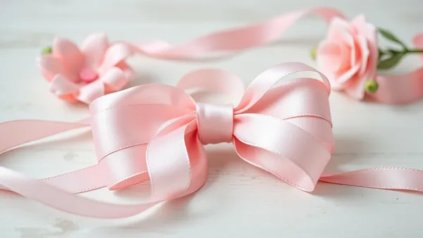 Pétalas de fita de cetim em tons pastel montadas em formato de flor sobre bancada de artesanato