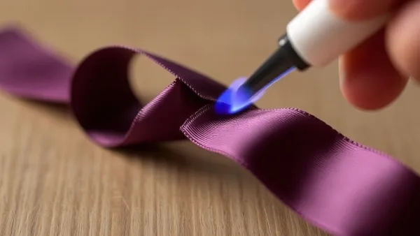 Mão selando a ponta de uma fita de cetim com a chama de um isqueiro para não desfiar