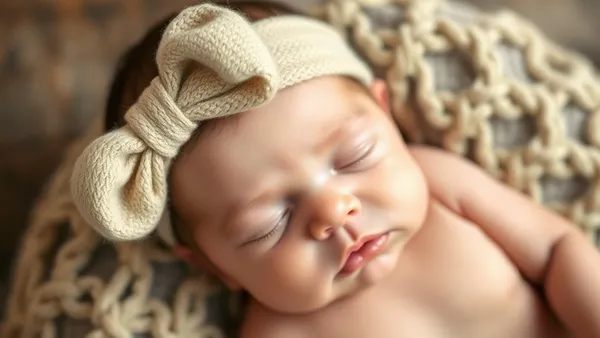 Faixa de nó artesanal para bebê recém-nascido em tecido estampado floral sobre fundo de madeira clara