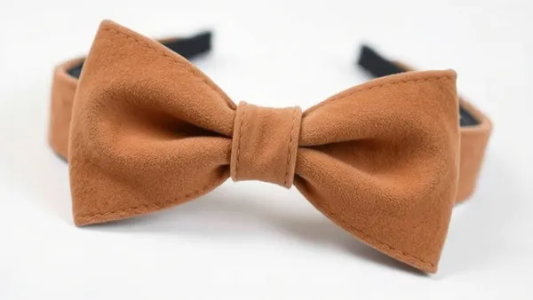 Faixa de suede sintético bege com laço, apoiada sobre superfície clara ao lado de tesoura, elástico e régua de costura