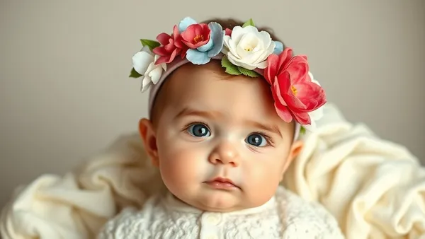Tiara floral artesanal de fita para bebê com flores em tons pastel sobre superfície clara