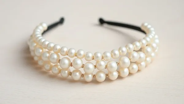 Tiara de pérolas brancas com elástico nylon delicado sobre uma superfície de madeira clara