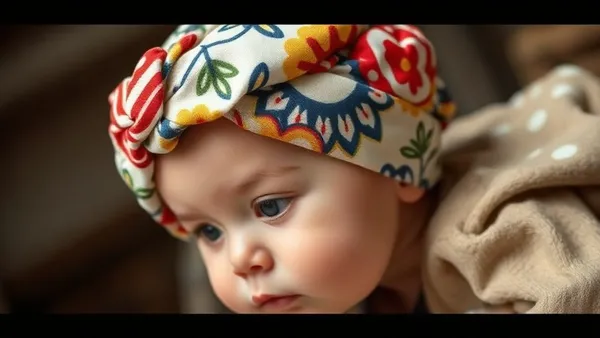 Turbante de bebê artesanal em malha rosé sobre superfície de madeira clara